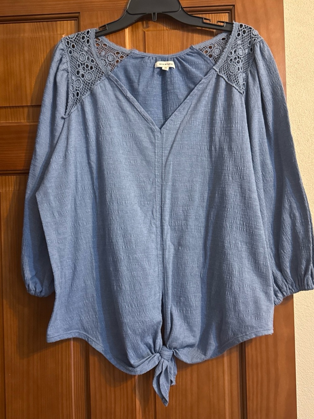 Max Studio Blue Crochet-Trim Tie-Front Blouse